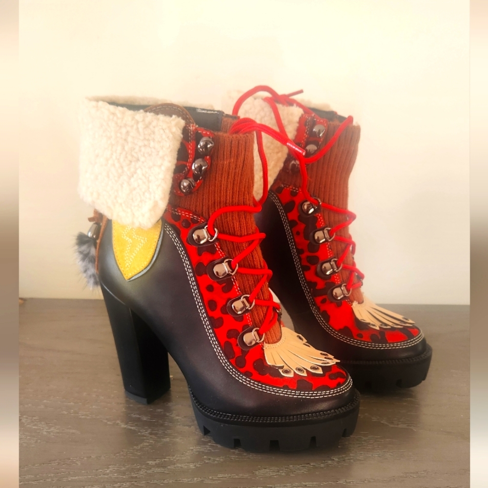 Azalea Wang Red Leopard Multi Leather Boot- NWOT
